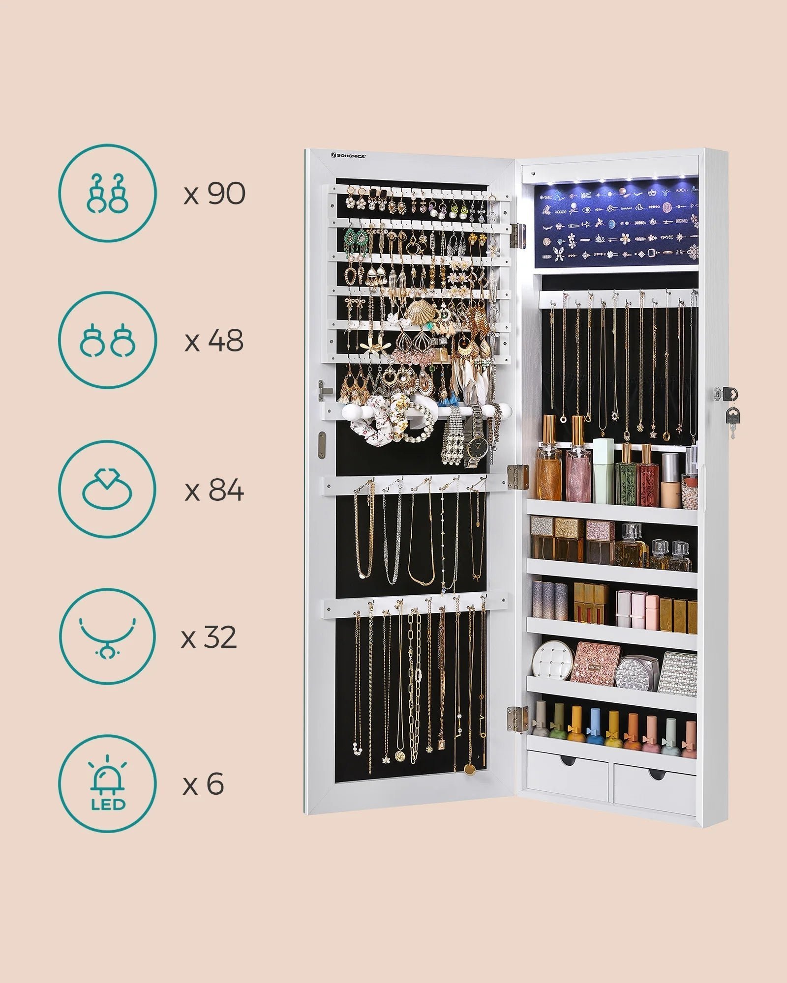 songmics hanging mirror jewelry cabinet wall or door mounted jewelry armoires with led interior lights jewelry organizer box holder full length mirror white songmics hanging mirror jewelry cabinet wall or door mounted jewelry armoires with led interior lights jewelry organizer box holder full length mirror white