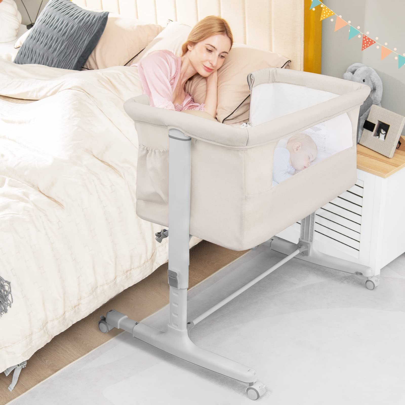 baby joy bassinet bedside sleeper, 3 in 1 folding crib w/adjustable height, mattress, lockable wheels, storage pocket & carry bag for infant newborn, stationary & rock, portable baby bassinet (beige) baby joy bassinet bedside sleeper, 3 in 1 folding crib w/adjustable height, mattress, lockable wheels, storage pocket & carry bag for infant newborn, stationary & rock, portable baby bassinet (beige)