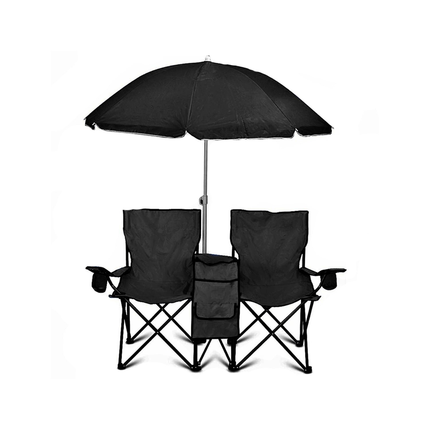 goteam double folding camping chair set w/ shade umbrella & cooler bag, black goteam double folding camping chair set w/ shade umbrella & cooler bag, black