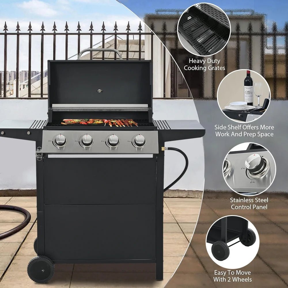 segmart 4 burner bbq propane gas grill, stainless steel 34,200 btu patio garden barbecue grill with two foldable shelves & thermometer, perfect for camping, outdoor cooking segmart 4 burner bbq propane gas grill, stainless steel 34,200 btu patio garden barbecue grill with two foldable shelves & thermometer, perfect for camping, outdoor cooking