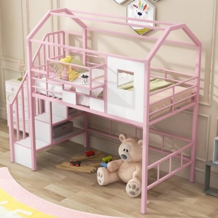 pink twin metal loft bed with unique roof design and convenient storage box for kids‘ bedroom. add charm and style to your child‘s room with this space saving and chic furniture piece. pink twin metal loft bed with unique roof design and convenient storage box for kids‘ bedroom. add charm and style to your child‘s room with this space saving and chic furniture piece.