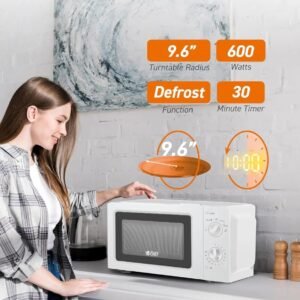 0.6 cubic foot microwave with 6 power levels, small microwave with grip handle, 600w countertop microwave with 30 minute timer and mechanical dial controls, black