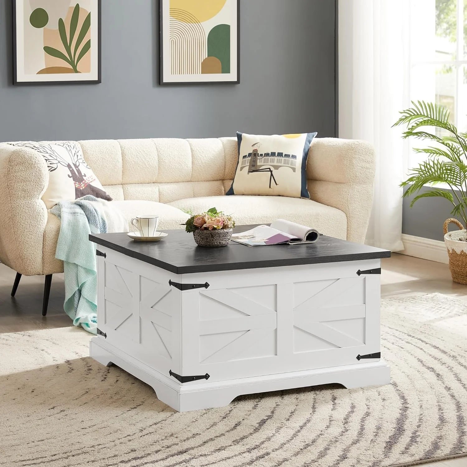 Store farmhouse coffee table, square cocktail table with hidden storage, barn panel design and hinged lift top, center table decorated with retro styled metal accents, white