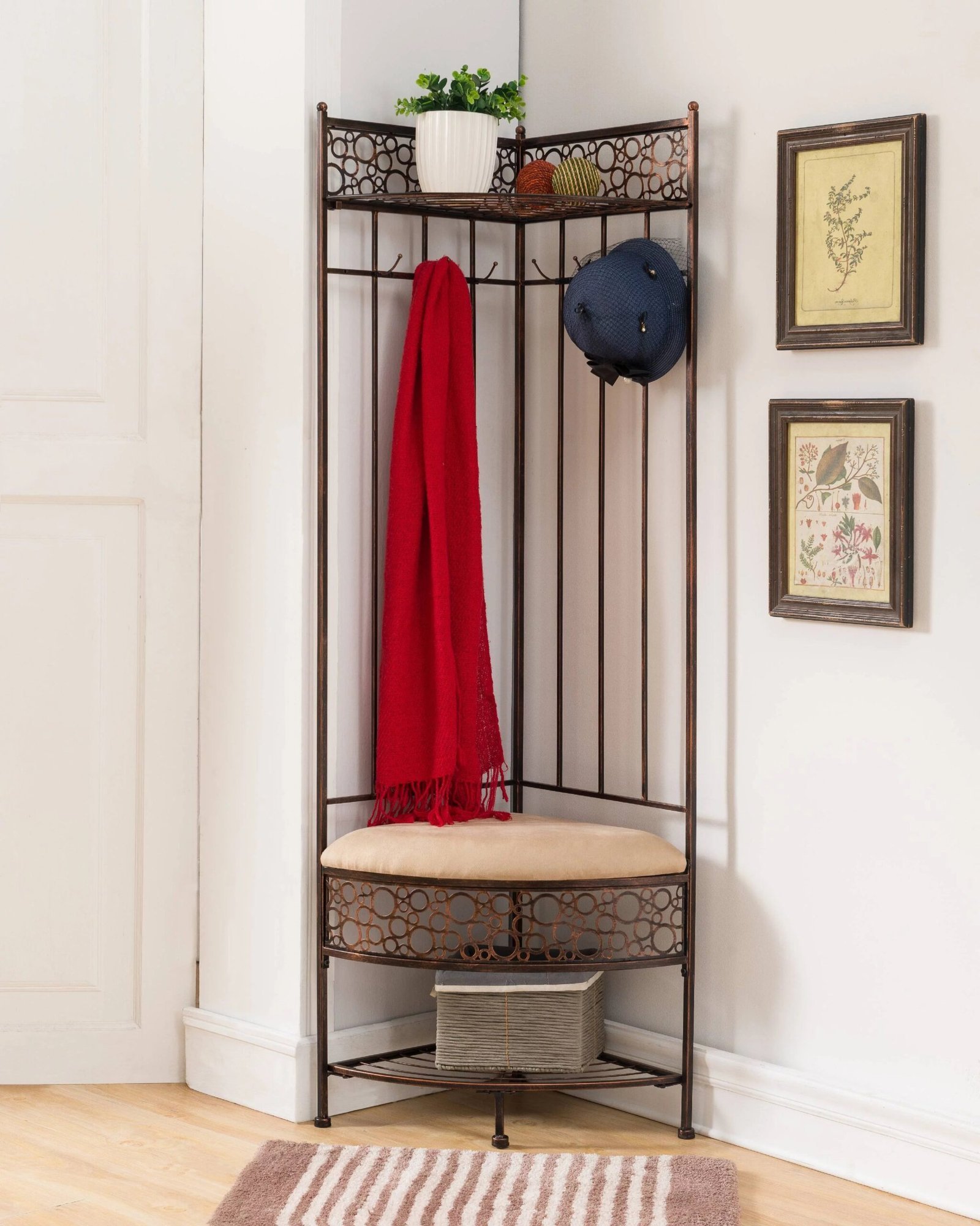 crespin corner hallway storage bench hall tree, brushed copper metal crespin corner hallway storage bench hall tree, brushed copper metal