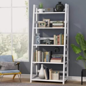 5 tier ladder bookshelf bookcase, 5 shelf ladder shelves for living room home office