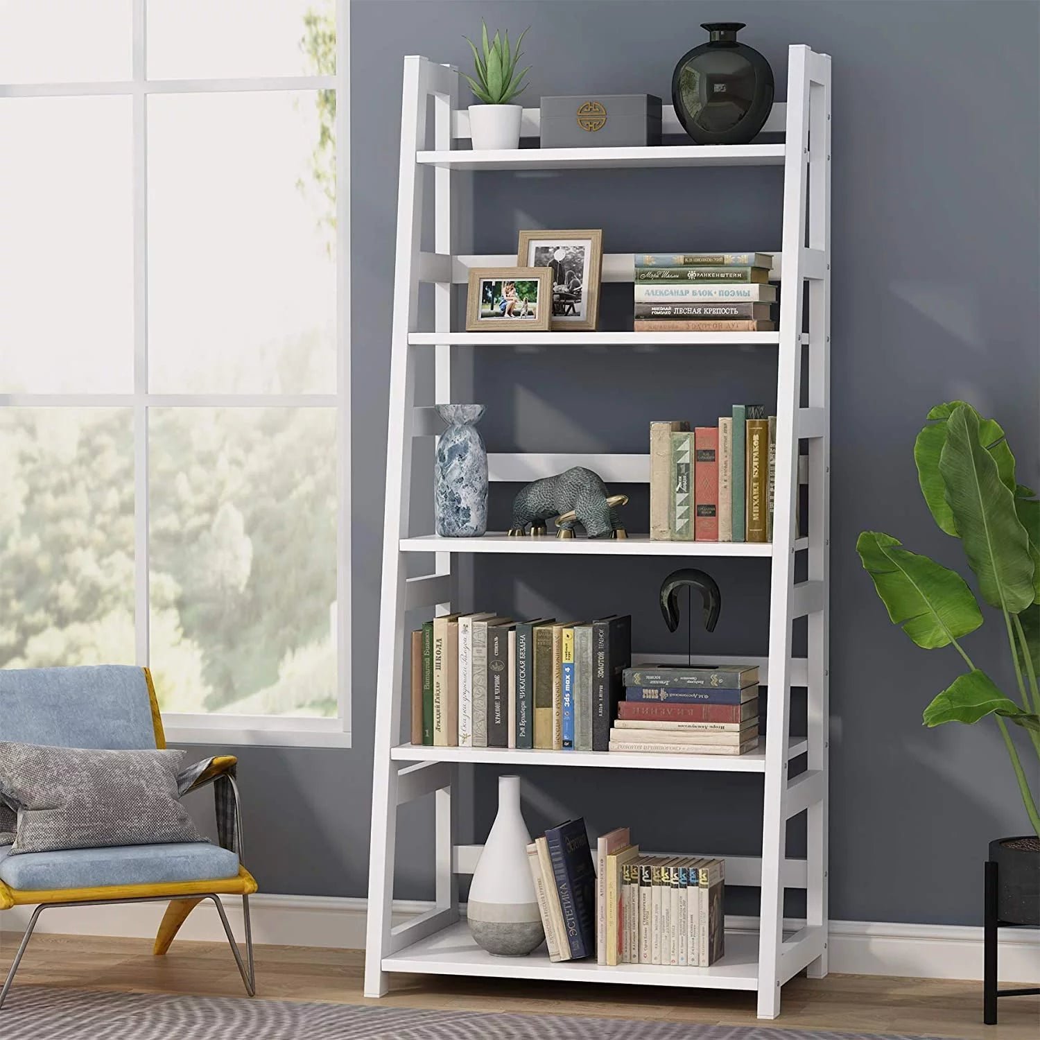5 tier ladder bookshelf bookcase, 5 shelf ladder shelves for living room home office 5 tier ladder bookshelf bookcase, 5 shelf ladder shelves for living room home office