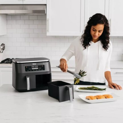 2 independent baskets: the original air fryer with 2 independent baskets, the xl air fryer lets you cook 2 foods, 2 ways, at the same time, eliminating back to back cooking like a traditional single basket air fryer. smart finish & match cook: dualzone technology allows you to choose between the smart finish feature, which unlocks cooking 2 foods 2 ways that finish at the same time, and the and a match cook button to easily copy settings across zones for full 8 qt capacity. 6 in 1 functionality: includes 6 versatile cooking programs: air fry, air broil, roast, bake, reheat, and dehydrate. the baskets can be washed in the dishwasher or by hand. xl capacity: the 8 quart air fryer capacity lets you fit mains and sides at the same time for making quick family meals, or up to 4 lbs. of french fries or chicken wings. separate heating zones: 2 independent 4 quart zones have their own cooking baskets, cyclonic fans, and rapid heaters. easy cleaning: easy to clean baskets and dishwasher safe crisper plates. less fat: up to 75% less fat than traditional air frying methods. tested against hand cut, deep fried french fries. 2 independent baskets: the original air fryer with 2 independent baskets, the xl air fryer lets you cook 2 foods, 2 ways, at the same time, eliminating back to back cooking like a traditional single basket air fryer. smart finish & match cook: dualzone technology allows you to choose between the smart finish feature, which unlocks cooking 2 foods 2 ways that finish at the same time, and the and a match cook button to easily copy settings across zones for full 8 qt capacity. 6 in 1 functionality: includes 6 versatile cooking programs: air fry, air broil, roast, bake, reheat, and dehydrate. the baskets can be washed in the dishwasher or by hand. xl capacity: the 8 quart air fryer capacity lets you fit mains and sides at the same time for making quick family meals, or up to 4 lbs. of french fries or chicken wings. separate heating zones: 2 independent 4 quart zones have their own cooking baskets, cyclonic fans, and rapid heaters. easy cleaning: easy to clean baskets and dishwasher safe crisper plates. less fat: up to 75% less fat than traditional air frying methods. tested against hand cut, deep fried french fries.