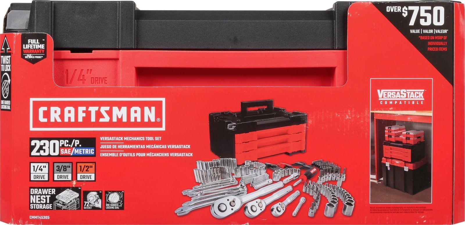 craftsman versastack 1/4, 3/8 and 1/2 in. drive metric and sae mechanic’s tool set 230 pc craftsman versastack 1/4, 3/8 and 1/2 in. drive metric and sae mechanic’s tool set 230 pc
