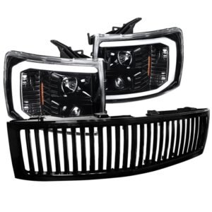 spec d tuning led light bar jet black housing clear lens projector headlights + glossy black vertical style grille compatible with 2007 2014 chevrolet silverado left + right pair headlamps assembly