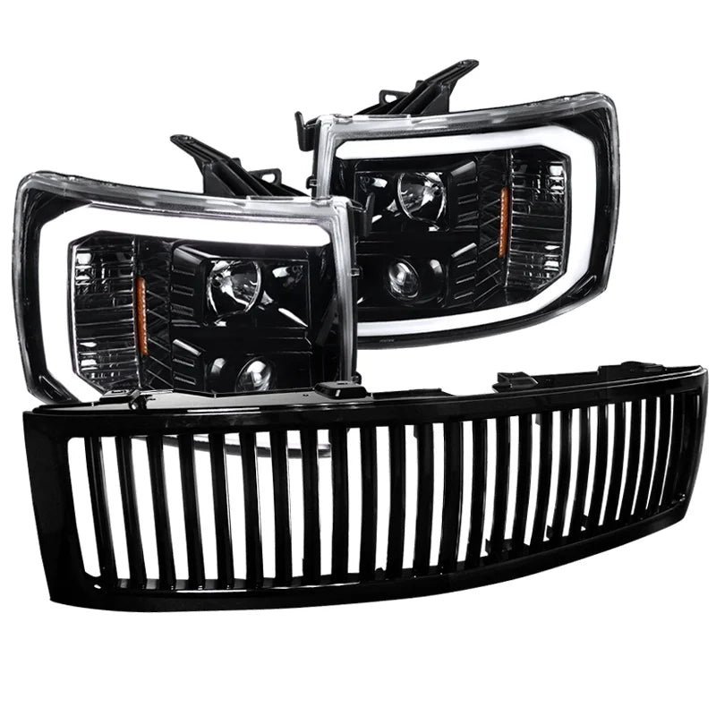 spec d tuning led light bar jet black housing clear lens projector headlights + glossy black vertical style grille compatible with 2007 2014 chevrolet silverado left + right pair headlamps assembly spec d tuning led light bar jet black housing clear lens projector headlights + glossy black vertical style grille compatible with 2007 2014 chevrolet silverado left + right pair headlamps assembly