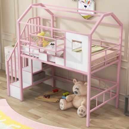 pink twin metal loft bed with unique roof design and convenient storage box for kids‘ bedroom. add charm and style to your child‘s room with this space saving and chic furniture piece. pink twin metal loft bed with unique roof design and convenient storage box for kids‘ bedroom. add charm and style to your child‘s room with this space saving and chic furniture piece.
