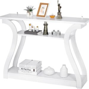console table, entryway table with 3 tier storage shelves, narrow long sofa table for entryway, living room, hallway, couch, foyer, white