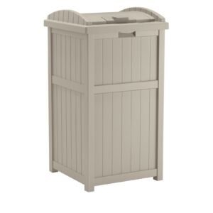 suncast outdoor hideaway trash container for patio, taupe, 33 gallon