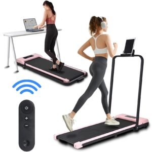 bitoushi treadmill under desk walking pad 2 in 1, 3.0hp portable small treadmill for office & home, ultra quiet & installation free with remote control, led display, 220 lb capacity – pink