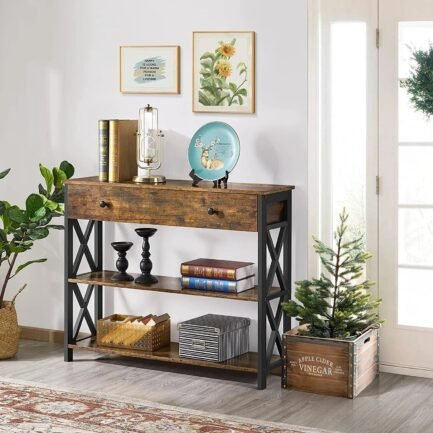 console table with drawer, entryway table with 3 tier storage shelves, narrow long sofa table for entryway, living room, hallway, couch, kitchen, metal frame, brown console table with drawer, entryway table with 3 tier storage shelves, narrow long sofa table for entryway, living room, hallway, couch, kitchen, metal frame, brown