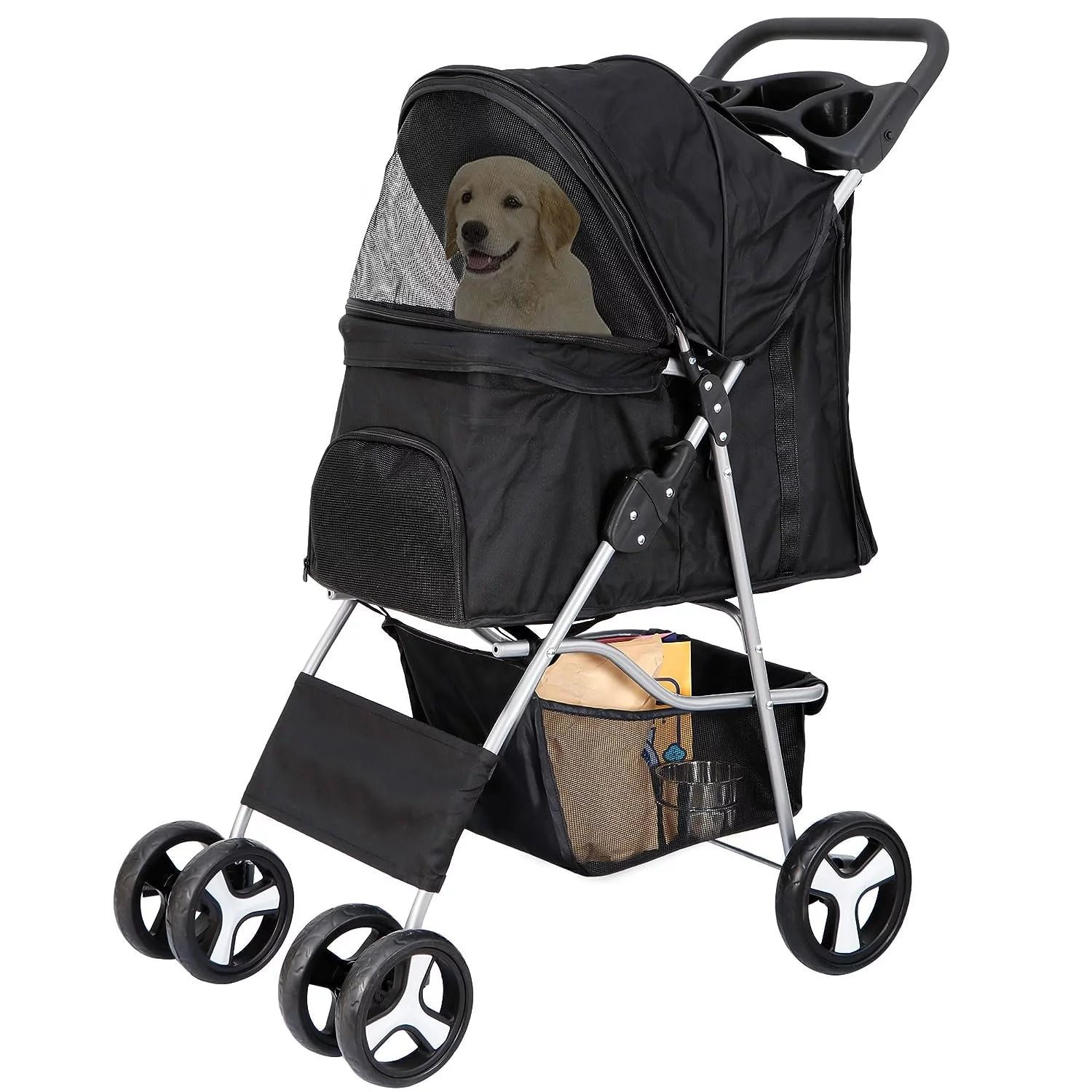 pet stroller 4 wheels dog cat stroller for small medium dog cats carrier jogger travel foldable puppy stroller with storage basket and cup holder pet stroller 4 wheels dog cat stroller for small medium dog cats carrier jogger travel foldable puppy stroller with storage basket and cup holder