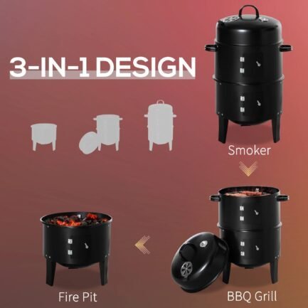 outsunny vertical charcoal bbq smoker, 3 in 1 16″ round charcoal barbecue grill with 2 cooking area, and thermometer for outdoor camping picnic backyard cooking, black outsunny vertical charcoal bbq smoker, 3 in 1 16″ round charcoal barbecue grill with 2 cooking area, and thermometer for outdoor camping picnic backyard cooking, black