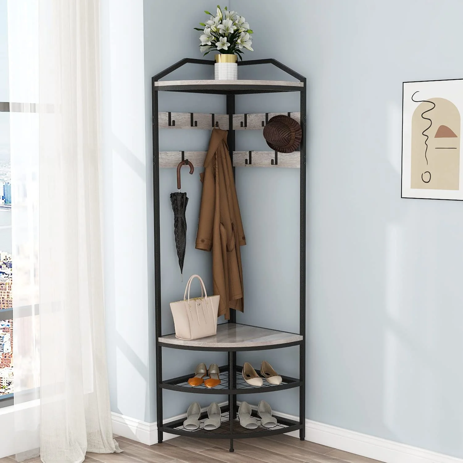 sqrtyvg tuionmj modern black entryway corner hall tree with shoe bench entryway coat rack with 10 metal movable hooks wooden tuionmj shoes tuionmj organizer for home office bedroom (black sqrtyvg tuionmj modern black entryway corner hall tree with shoe bench entryway coat rack with 10 metal movable hooks wooden tuionmj shoes tuionmj organizer for home office bedroom (black