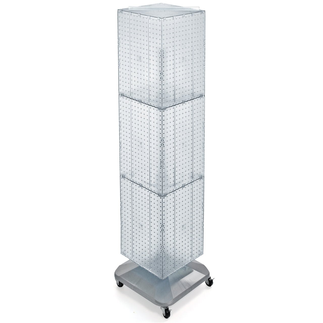 azar displays 701465 clr clear four sided pegboard tower floor display on revolving wheeled base. spinner rack stand. panel size: 14″w x 60″h azar displays 701465 clr clear four sided pegboard tower floor display on revolving wheeled base. spinner rack stand. panel size: 14″w x 60″h