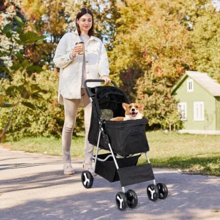 pet stroller 4 wheels dog cat stroller for small medium dog cats carrier jogger travel foldable puppy stroller with storage basket and cup holder pet stroller 4 wheels dog cat stroller for small medium dog cats carrier jogger travel foldable puppy stroller with storage basket and cup holder