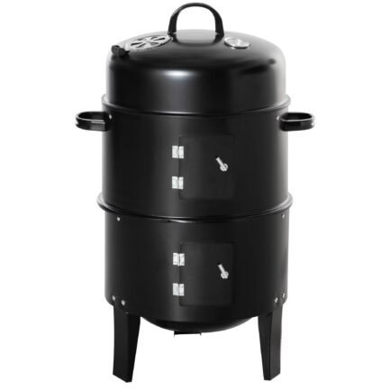 outsunny vertical charcoal bbq smoker, 3 in 1 16″ round charcoal barbecue grill with 2 cooking area, and thermometer for outdoor camping picnic backyard cooking, black outsunny vertical charcoal bbq smoker, 3 in 1 16″ round charcoal barbecue grill with 2 cooking area, and thermometer for outdoor camping picnic backyard cooking, black