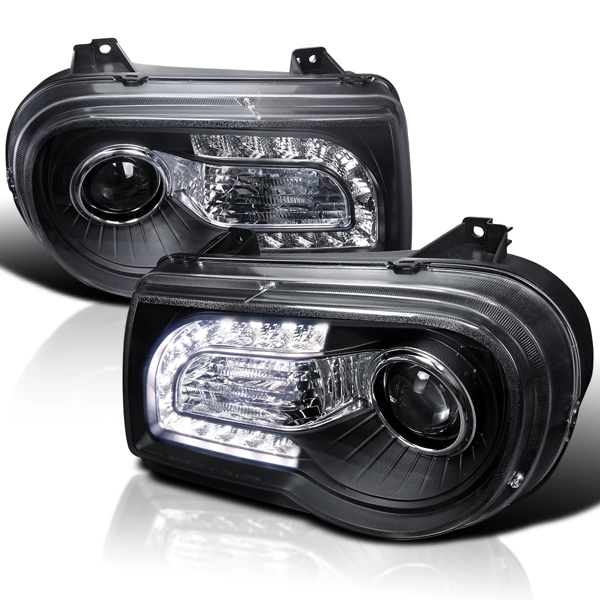 spec d tuning black led strip projector headlights compatible with 2005 2010 chrysler 300c/300c awd/hemi/srt 8, left + right pair headlamps assembly spec d tuning black led strip projector headlights compatible with 2005 2010 chrysler 300c/300c awd/hemi/srt 8, left + right pair headlamps assembly