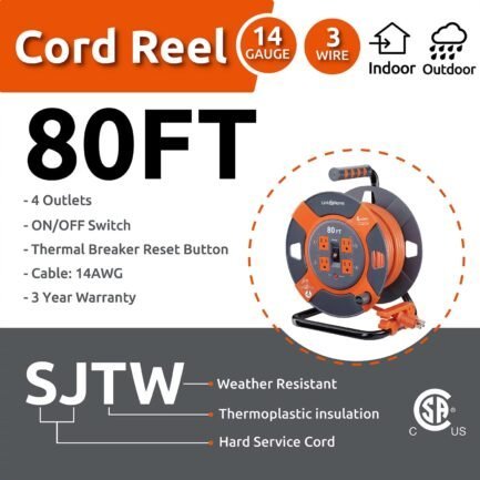 link2home cord reel extension cord 4 power outlets (80 feet) link2home cord reel extension cord 4 power outlets (80 feet)