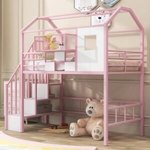 pink twin metal loft bed with unique roof design and convenient storage box for kids‘ bedroom. add charm and style to your child‘s room with this space saving and chic furniture piece.