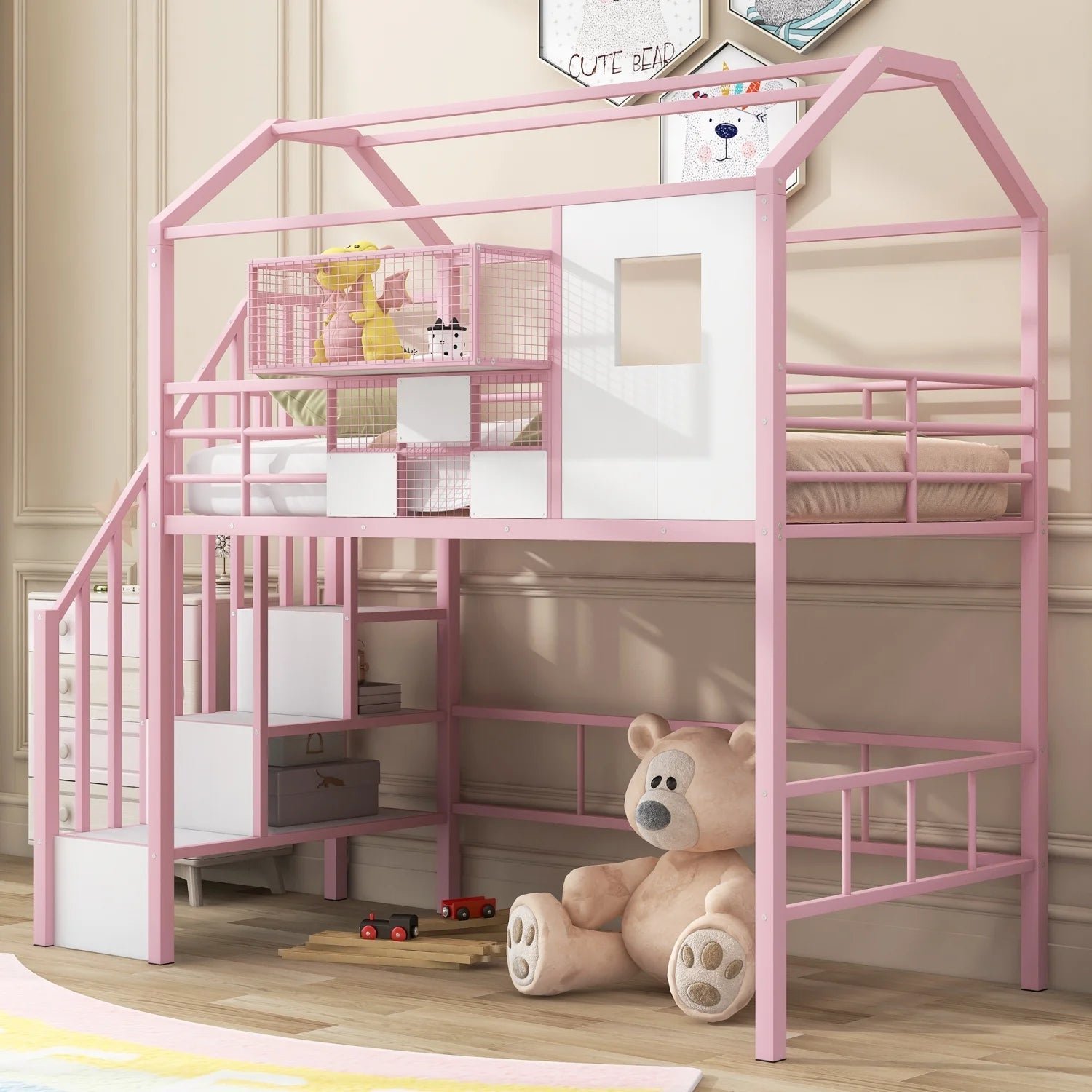 pink twin metal loft bed with unique roof design and convenient storage box for kids‘ bedroom. add charm and style to your child‘s room with this space saving and chic furniture piece. pink twin metal loft bed with unique roof design and convenient storage box for kids‘ bedroom. add charm and style to your child‘s room with this space saving and chic furniture piece.