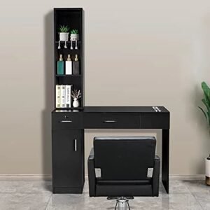 omysalon barber station wall mount salon hair styling beauty spa equipment w/ 2 drawers, 1 storage cabinet, 3 open shelves (black)