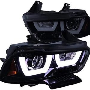 drl led light bar strip projector headlight head lamp replacement in gloss black housing smoke lens made for and compatible with 2011 – 2014 dodge charger 11 12 13 14