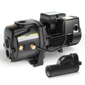 acquaer 1hp shallow/deep well jet pump, cast iron convertible pump with ejector kit, well depth up to 25ft or 90ft, 115v/230v dual voltage, automatic pressure switch