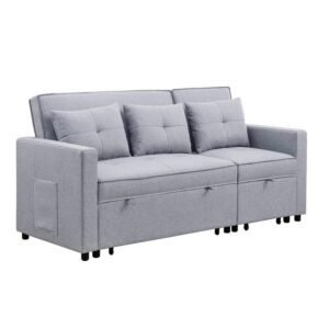 benjara bm286632 80 in. jayce wood convertible sleeper sofa with side pocket, light gray & black