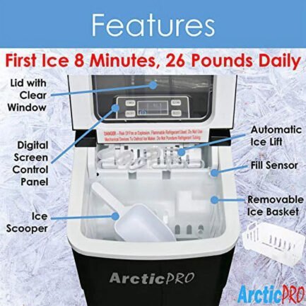 portable digital ice maker machine by arctic pro with ice scoop, first ice in 6 8 minutes, 26 pounds daily, great for kitchens, tailgating, bars, party, small/large cubes, black, 11.5×8.7×12.5 inches portable digital ice maker machine by arctic pro with ice scoop, first ice in 6 8 minutes, 26 pounds daily, great for kitchens, tailgating, bars, party, small/large cubes, black, 11.5×8.7×12.5 inches