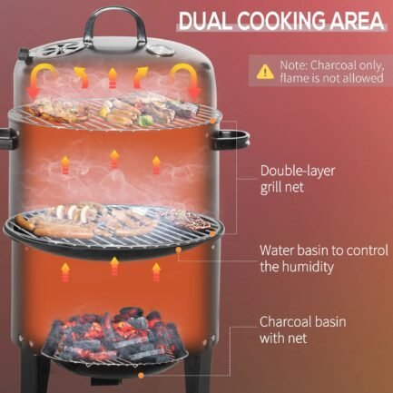 outsunny vertical charcoal bbq smoker, 3 in 1 16″ round charcoal barbecue grill with 2 cooking area, and thermometer for outdoor camping picnic backyard cooking, black outsunny vertical charcoal bbq smoker, 3 in 1 16″ round charcoal barbecue grill with 2 cooking area, and thermometer for outdoor camping picnic backyard cooking, black