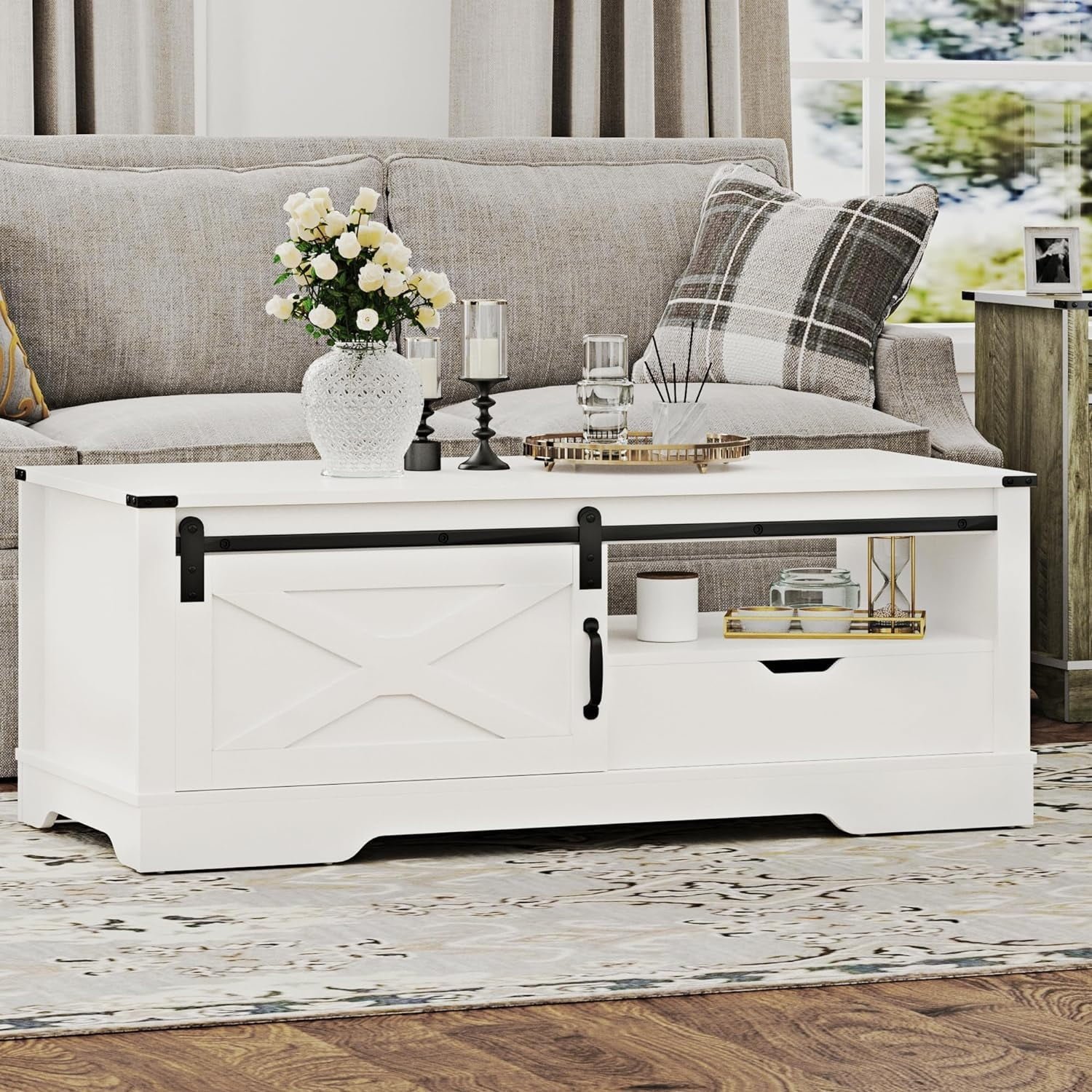 Store farmhouse coffee table with storage and sliding barn door, 48” rustic table with open shelves, rectangular center table for living room, white