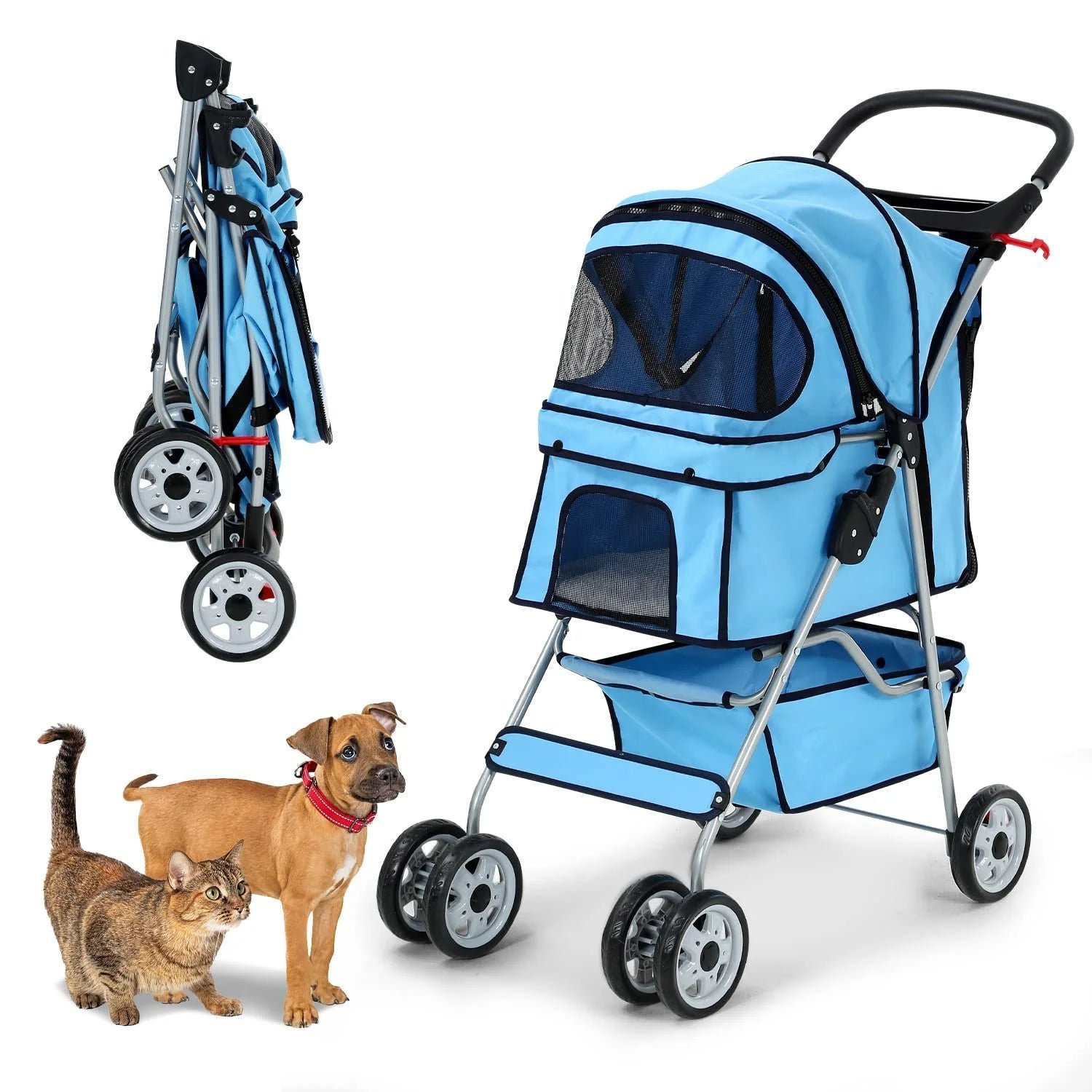 dkelincs 4 wheels pet stroller folding dog cat stroller travel carrier with cup holder & storage basket, blue dkelincs 4 wheels pet stroller folding dog cat stroller travel carrier with cup holder & storage basket, blue
