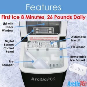 portable digital ice maker machine by arctic pro with ice scoop, first ice in 6 8 minutes, 26 pounds daily, great for kitchens, tailgating, bars, party, small/large cubes, black, 11.5×8.7×12.5 inches