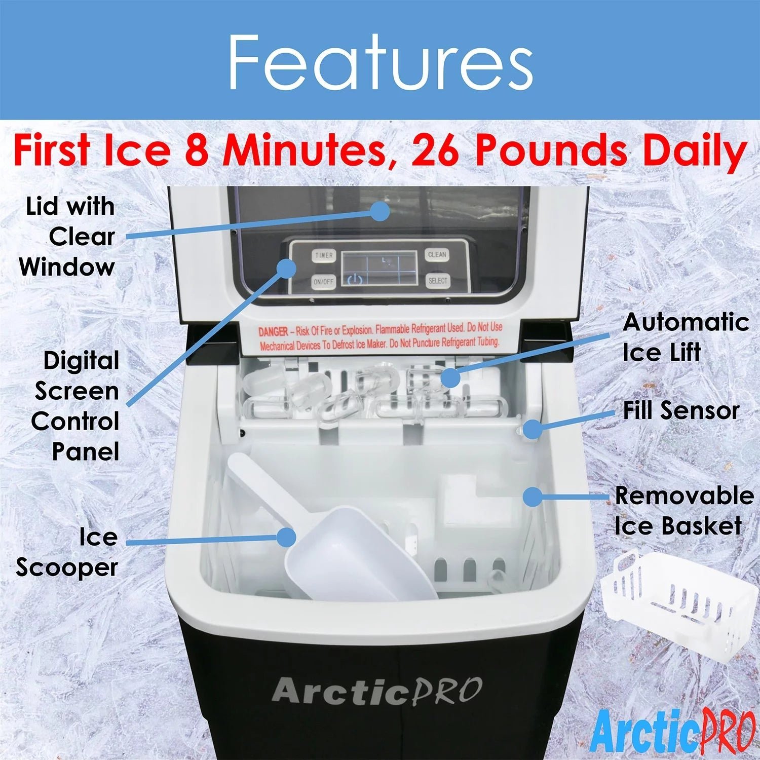 portable digital ice maker machine by arctic pro with ice scoop, first ice in 6 8 minutes, 26 pounds daily, great for kitchens, tailgating, bars, party, small/large cubes, black, 11.5×8.7×12.5 inches portable digital ice maker machine by arctic pro with ice scoop, first ice in 6 8 minutes, 26 pounds daily, great for kitchens, tailgating, bars, party, small/large cubes, black, 11.5×8.7×12.5 inches