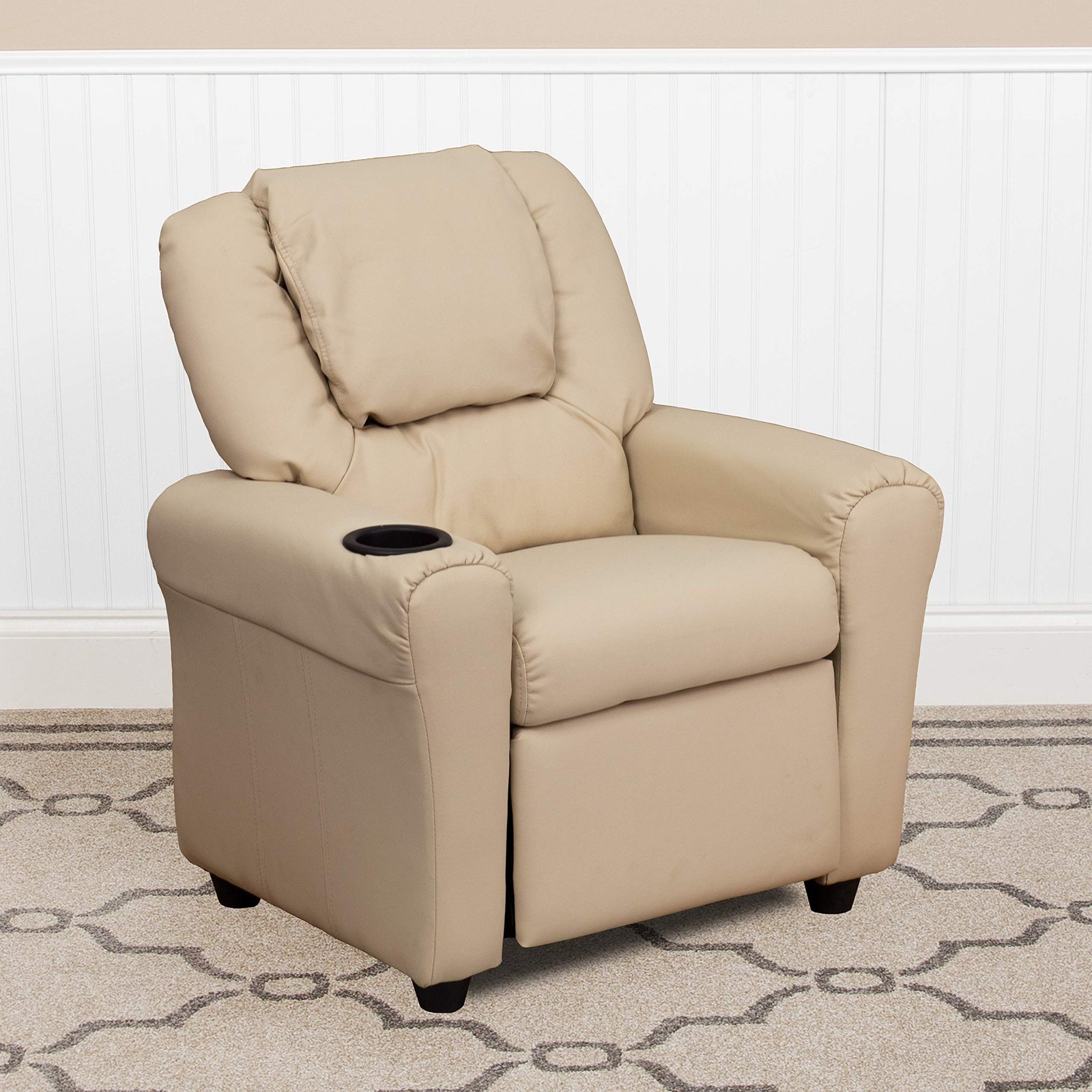 Store emma + oliver beige vinyl kids recliner with cup holder and headrest