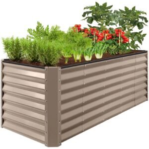 best choice products 8x2x2ft outdoor metal raised garden bed, planter box for vegetables, flowers, herbs – taupe
