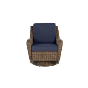Store hampton bay cambridge brown wicker outdoor patio swivel rocking chair with cushionguard midnight navy blue cushions 65 17148b4