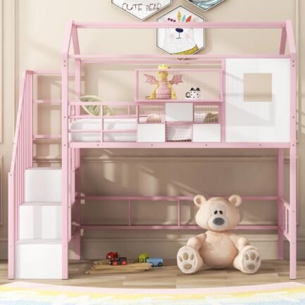 pink twin metal loft bed with unique roof design and convenient storage box for kids‘ bedroom. add charm and style to your child‘s room with this space saving and chic furniture piece. pink twin metal loft bed with unique roof design and convenient storage box for kids‘ bedroom. add charm and style to your child‘s room with this space saving and chic furniture piece.