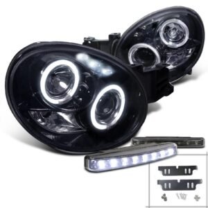 spec d tuning glossy black halo projector headlight + bumper led fog lamp compatible with impreza left + right pair headlamps assembly