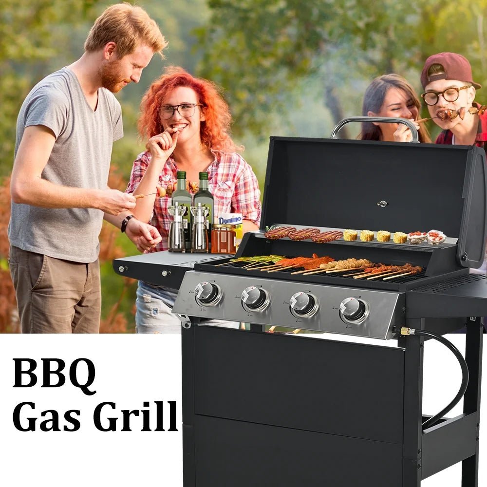 segmart 4 burner bbq propane gas grill, stainless steel 34,200 btu patio garden barbecue grill with two foldable shelves & thermometer, perfect for camping, outdoor cooking segmart 4 burner bbq propane gas grill, stainless steel 34,200 btu patio garden barbecue grill with two foldable shelves & thermometer, perfect for camping, outdoor cooking