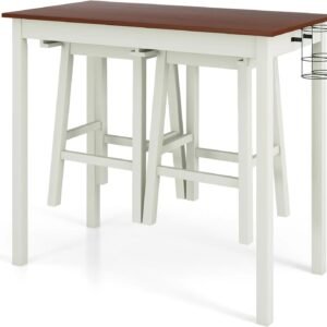 3 piece bar table set – counter height pub table w/ 2 stools, 2 wine holders, rubber wooden legs, space saving dinette table set for bar, kitchen, living room, cream white & walnut