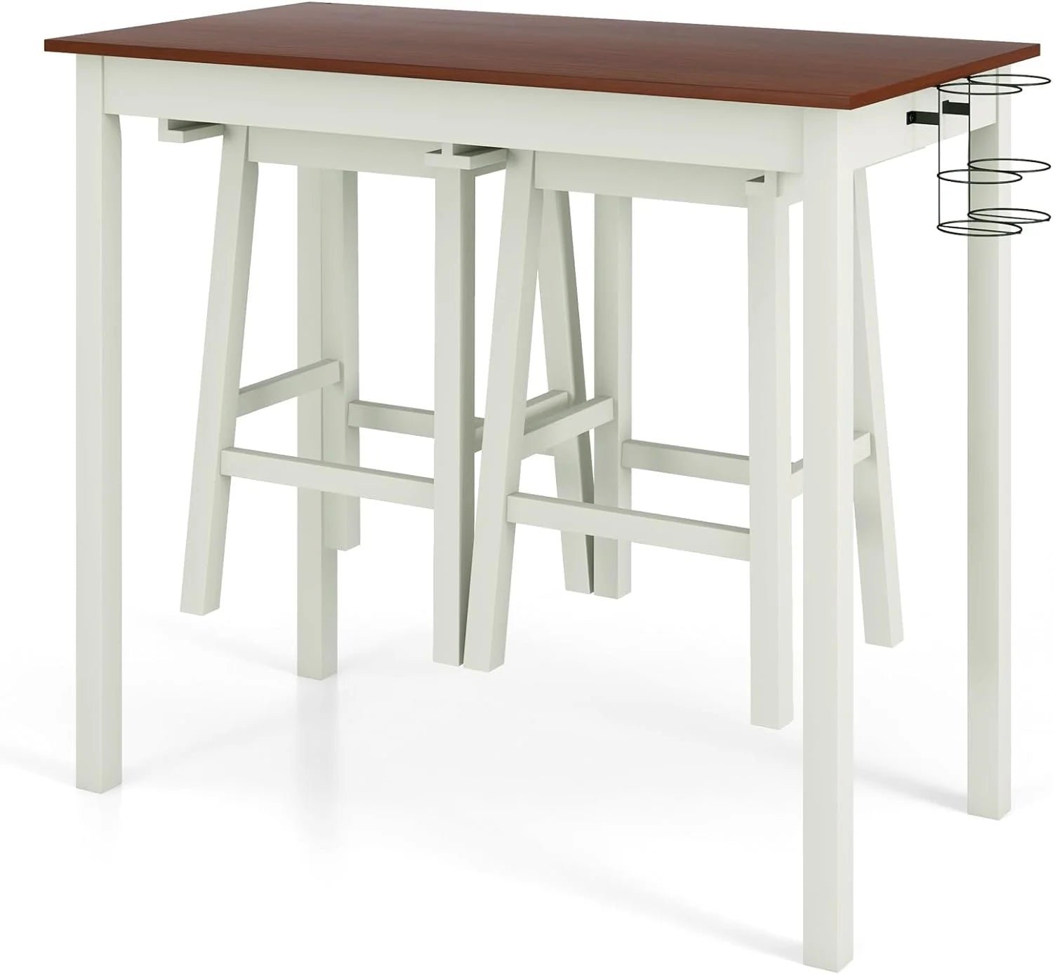 3 piece bar table set – counter height pub table w/ 2 stools, 2 wine holders, rubber wooden legs, space saving dinette table set for bar, kitchen, living room, cream white & walnut 3 piece bar table set – counter height pub table w/ 2 stools, 2 wine holders, rubber wooden legs, space saving dinette table set for bar, kitchen, living room, cream white & walnut