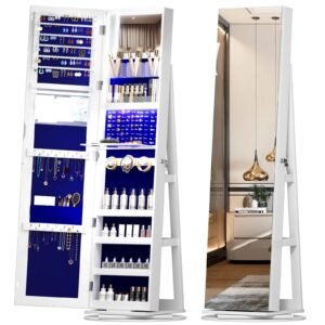 lvsomt 360° rotating led jewelry armoire with full length mirror, jewelry cabinet large standing lockable mirror jewelry organizer with inner makeup mirror & soft velvet for living room bedroom