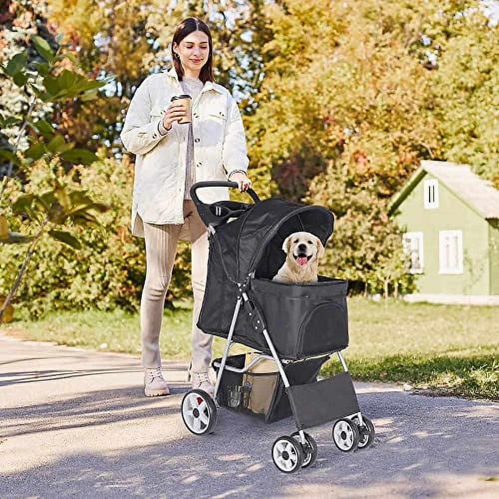 bbbuy 4 wheels foldable pet dog cat jogger stroller travel carrier strolling cart w/waterproof cover storage basket cup holder & removable liner for medium small cat dog, black bbbuy 4 wheels foldable pet dog cat jogger stroller travel carrier strolling cart w/waterproof cover storage basket cup holder & removable liner for medium small cat dog, black