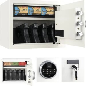 security biometric fingerprint safe, steel lock box safe for home/office/hotel, secure handgun, documents, jewelry, valuables – white
